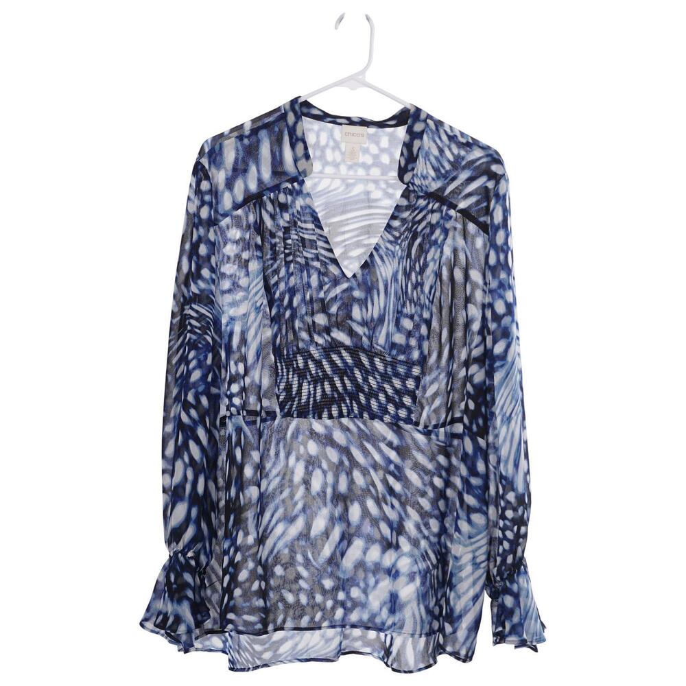 Chico's Top 3/XL Blue Abstract Print Sheer Flowy Lightweight Long Sleeve Blouse